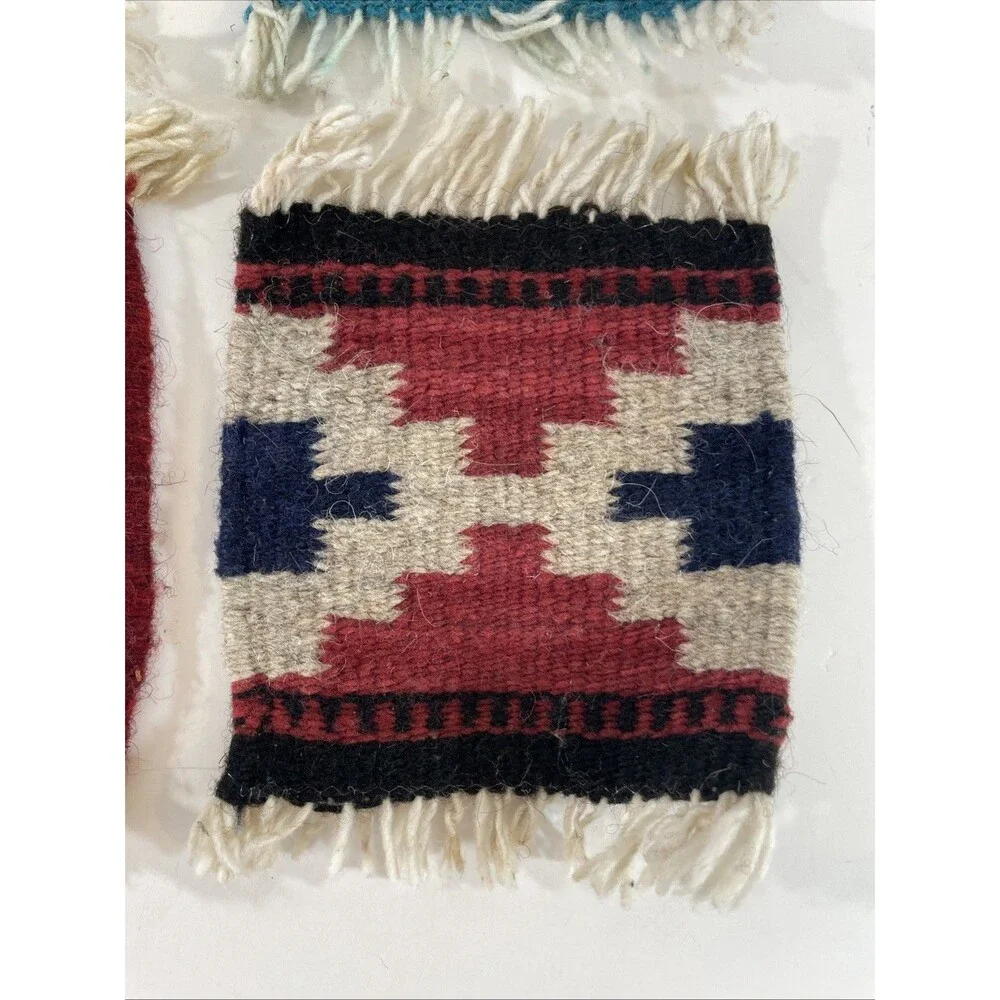 Vintage Southwestern Handwoven Wool Coasters Trivets Set of 4 Geometric Fringe